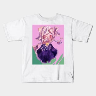 Iris Watercolor Painting - Glorious Purple on Rose Pink Kids T-Shirt